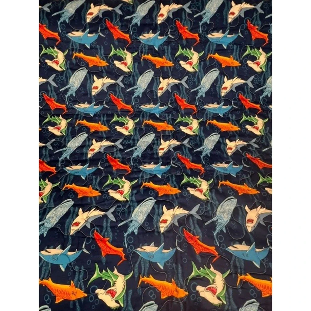 Handmade Shark Print Quilt Navy Blue Gingham Reverse 48x40 Nursery Throw
